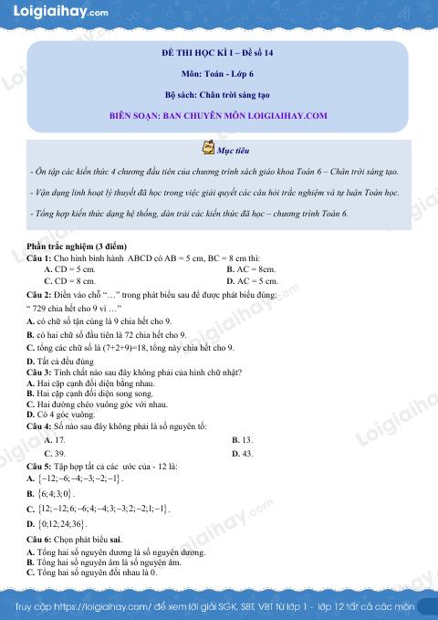 Đề thi học kì 1 Toán 6 - Đề số 14 - Chân trời sáng tạo